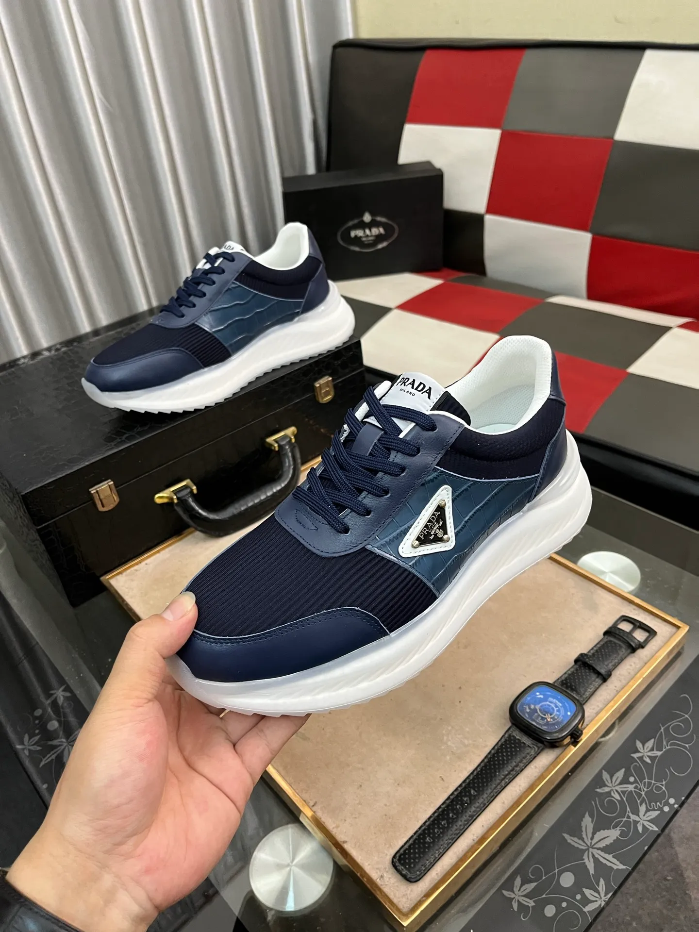 Men's shoes 💰458⌚️⌚️[PRADA] Prada Hong Kong counter casual shoes, counter quality, high-quality workmanship, uppers made of imported breathable fly-knit mesh fabric, comfortable and breathable lining, original air-cushion elastic outsole, casual fashion, high-end quality, size: 38-444️⃣Colors available